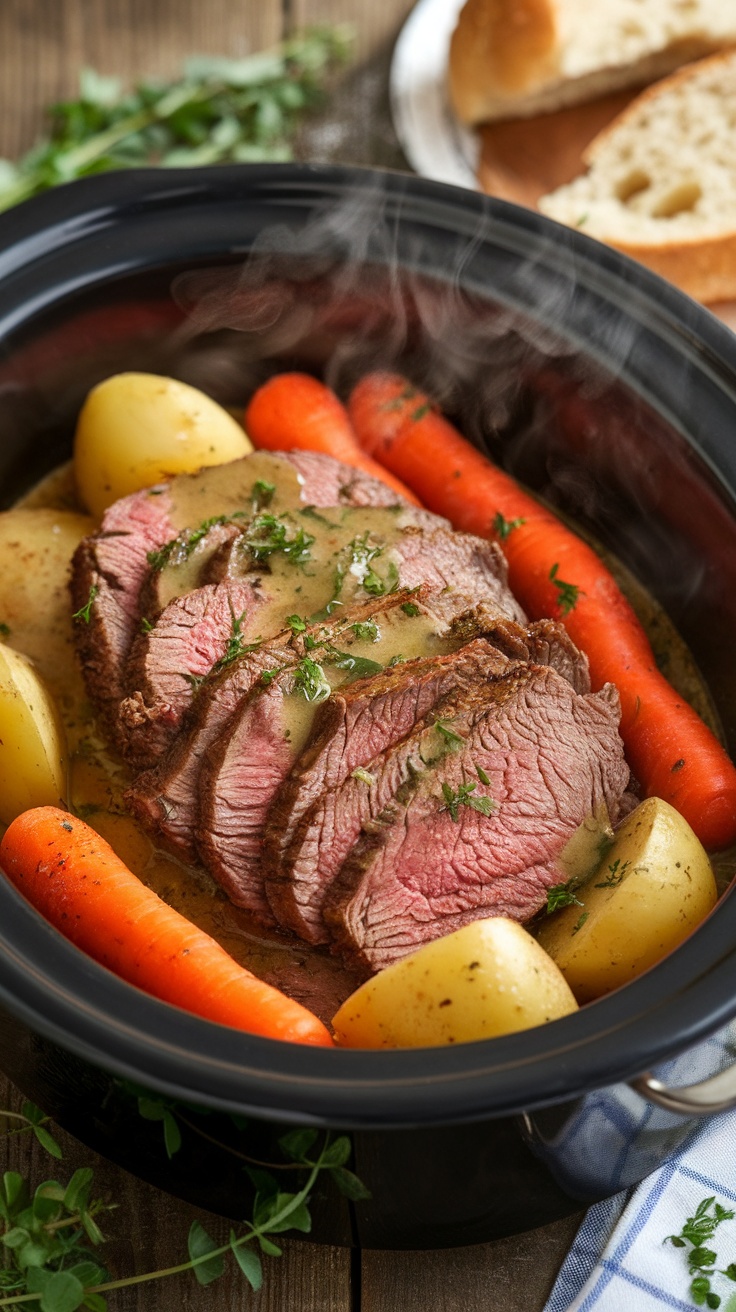 Tender slow cooker pot roast with vegetables and garlic herb gravy, served on a rustic table.